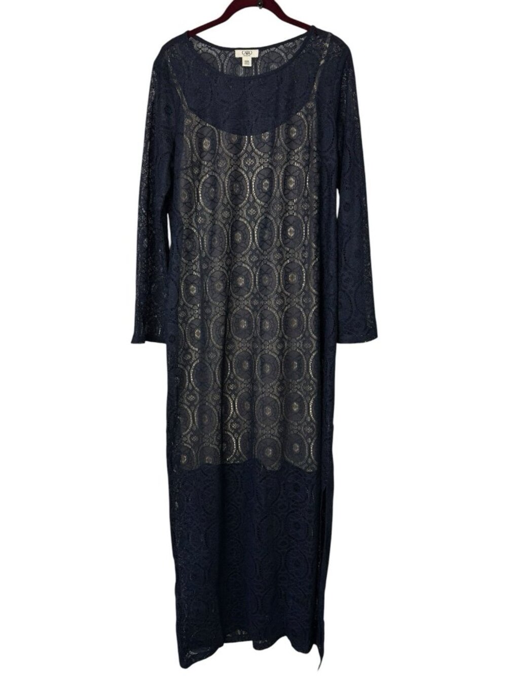 Cato Maxi Dress Size 14/16 Blue Crochet Knit Boho Long Flare Sleeve Side Slit